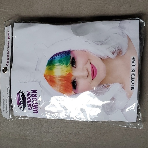 NWT Fun World RAINBOW UNICORN Adult Wig OSFM White Rainbow Bangs Cosplay - Picture 2 of 4